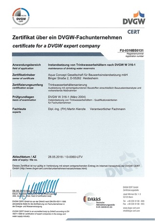 DVGW-Zertifikat für Trinkwasserbehälter-Instandsetzung von Aqua Concept in Hennef.
