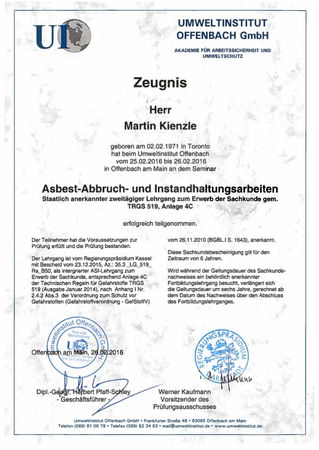 Zeugnis für erfolgreichen Abschluss eines Asbest-Abbruch-Lehrgangs am Umweltinstitut Offenbach.