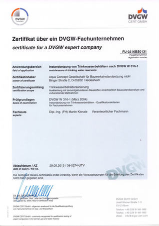 Zertifikat für DVGW-Fachunternehmen zur Sanierung von Trinkwasserbehältern mit Prüfnachweis.