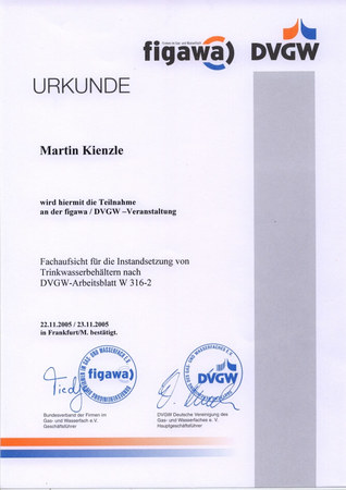 Zertifikat über die Teilnahme an einer DVGW-Schulung zur Instandsetzung von Trinkwasserbehältern.