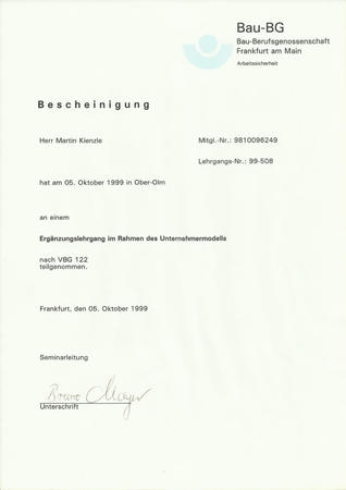 Teilnahmebescheinigung der Bau-Berufsgenossenschaft für Arbeitssicherheit Seminar.