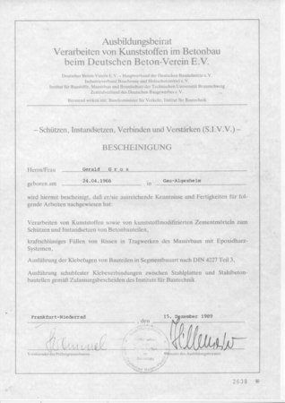Bescheinigung für Kenntnisse im Verarbeiten von Kunststoffen im Betonbau mit Unterschriften.