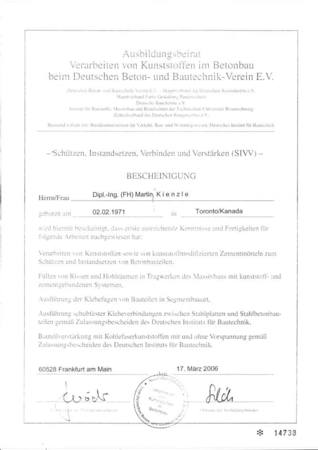 Bescheinigung für SIVV-Kurs im Betonbau mit Schwerpunkt auf Kunststoffe und Betoninstandsetzung.