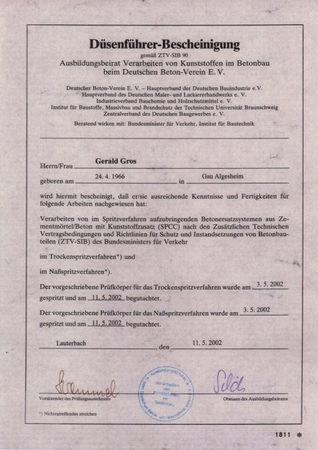 Düsenführer-Bescheinigung für das Spritzverfahren im Betonbau mit Kunststoffzusätzen.
