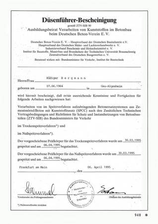 Bescheinigung für Düsenführer im Betonbau mit Nachweis über Kenntnisse im Spritzverfahren.